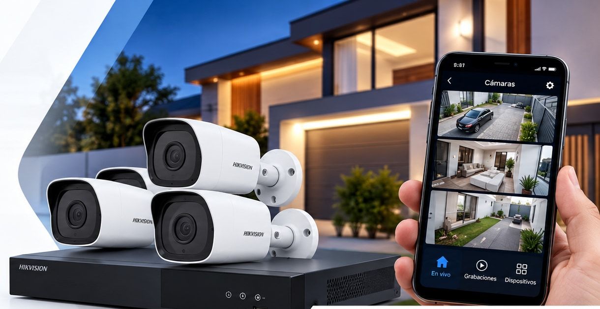 Cámaras de seguridad y grabador instalados frente a una casa moderna, junto a un smartphone que muestra las cámaras en vivo